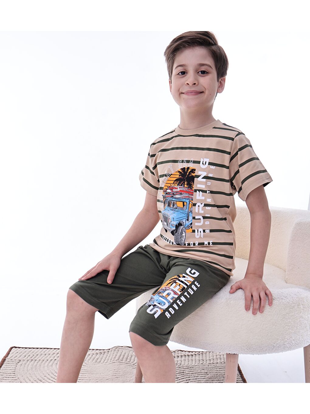 Yeşil Erkek Çocuk %100 Doğal Pamuk Kısa Kollu  Kaprili Pijama Takımı-5