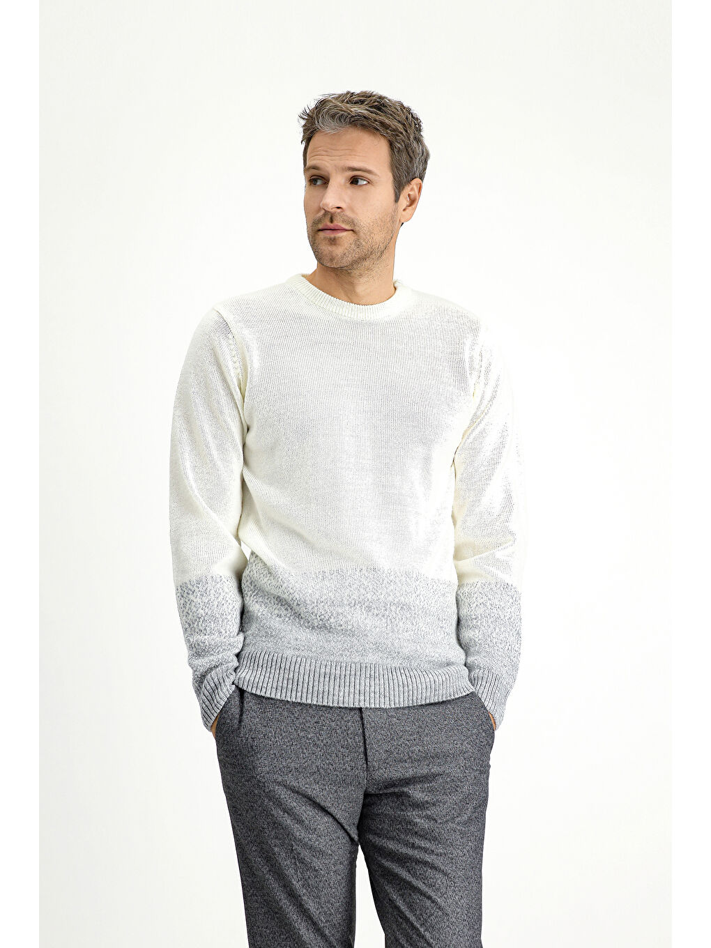 Ekru Bisiklet Yaka Regular Fit Desenli Triko Kazak-3