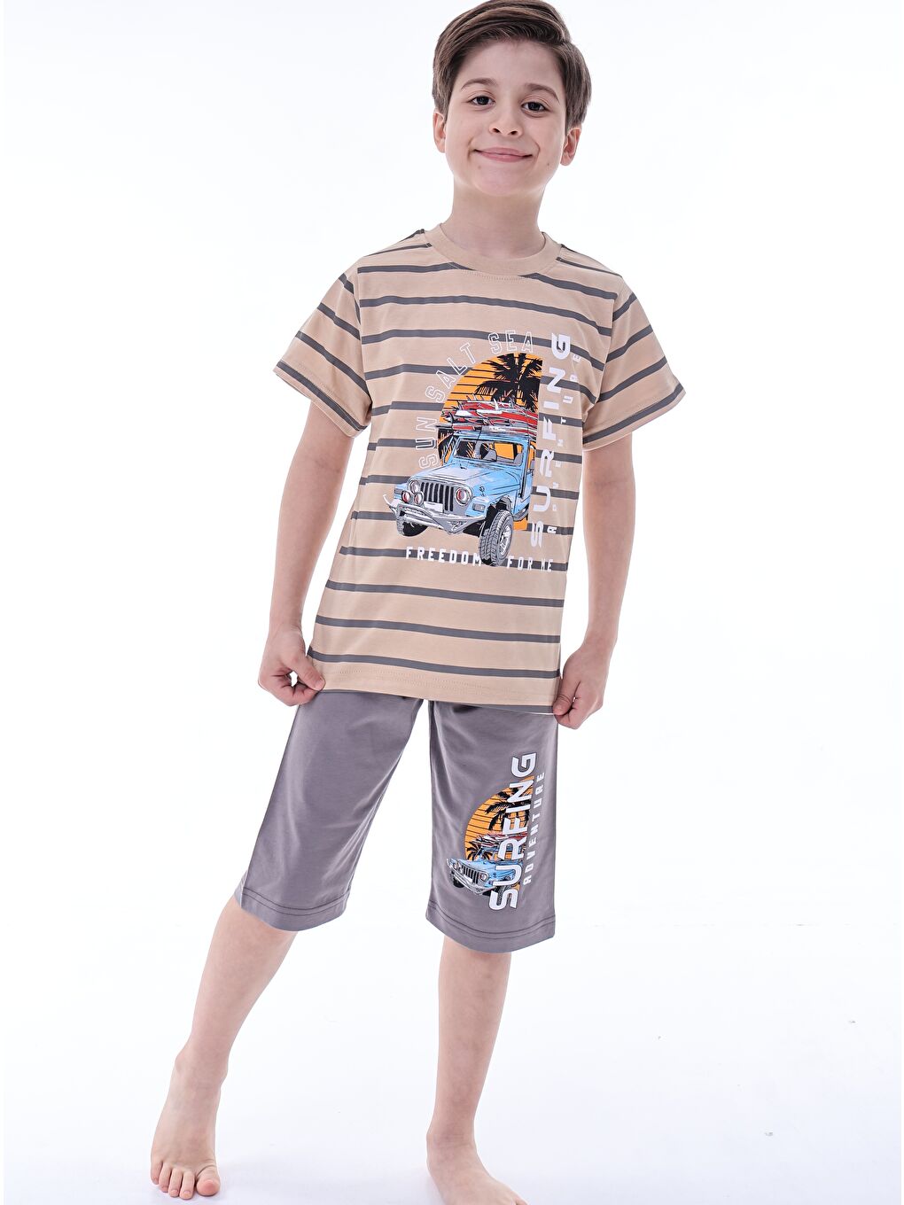 Gri Erkek Çocuk %100 Doğal Pamuk Kısa Kollu  Kaprili Pijama Takımı-5