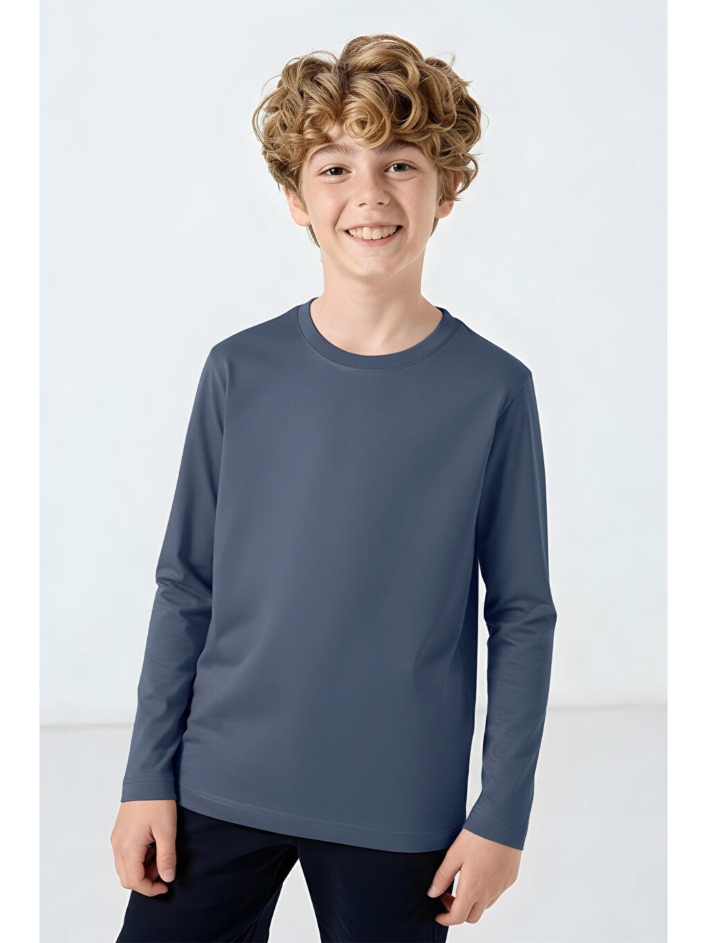Koyu Mavi O Yaka Standart Fit Basic Uzun Kollu Unisex Çocuk T-Shirt - 11329-2