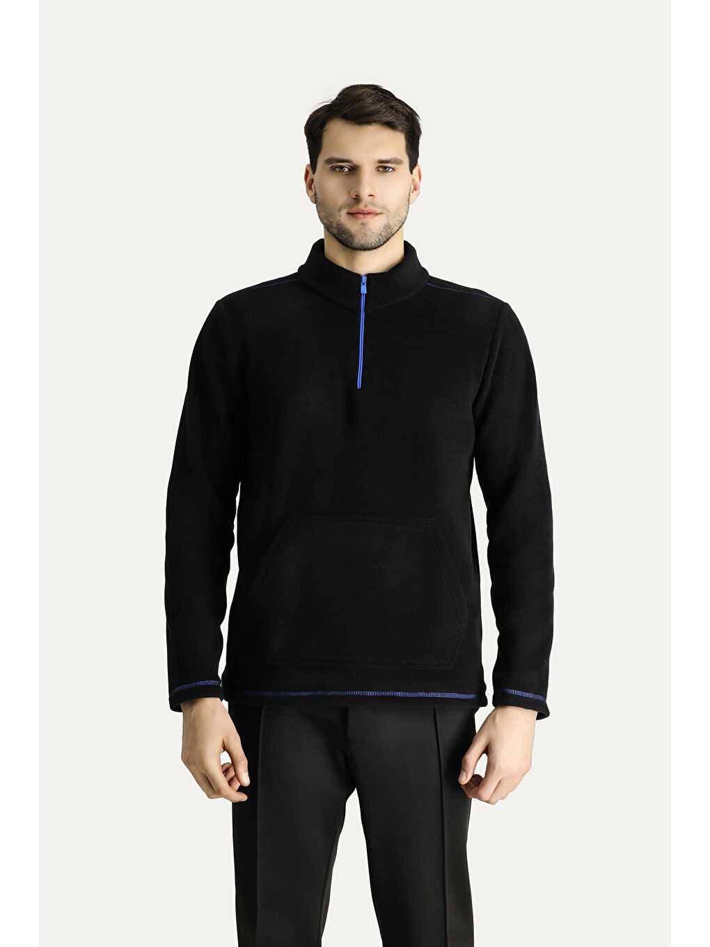 Siyah Yarım Fermuarlı Polar Büyük Beden Sweatshirt-2