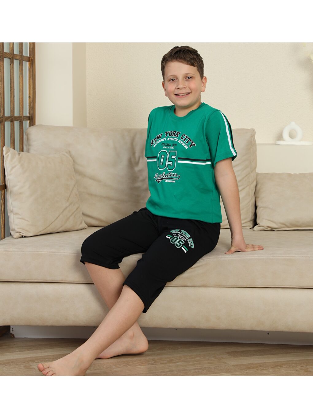 Yeşil Erkek Çocuk %100 Doğal Pamuk Kısa Kollu  Kaprili Pijama Takımı-1