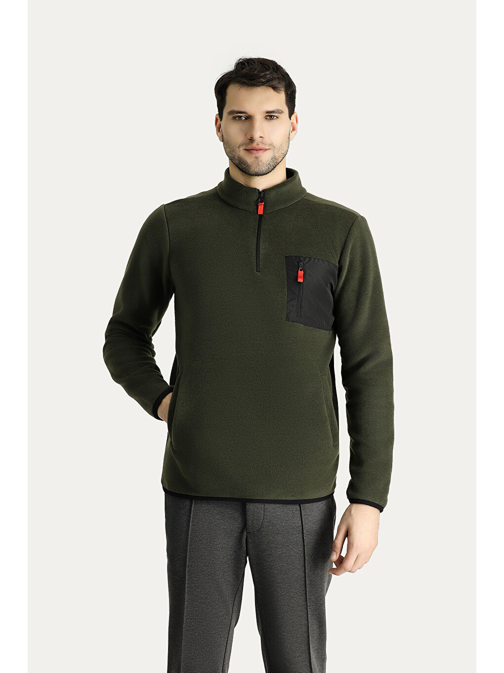 Haki Yarım Fermuarlı Polar Büyük Beden Sweatshirt-2