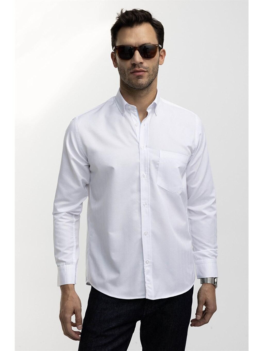 Tudors Klasik Fit Rahat Kesim Pamuklu Kolay Ütülenebilir Armürlü Erkek Beyaz Gömlek