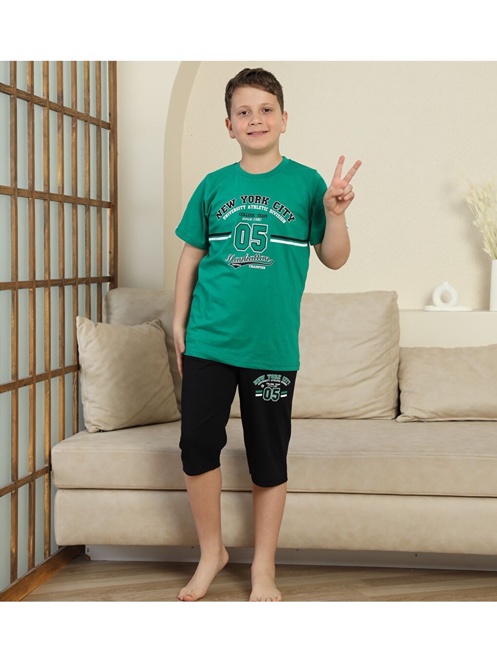 Yeşil Erkek Çocuk %100 Doğal Pamuk Kısa Kollu  Kaprili Pijama Takımı-2