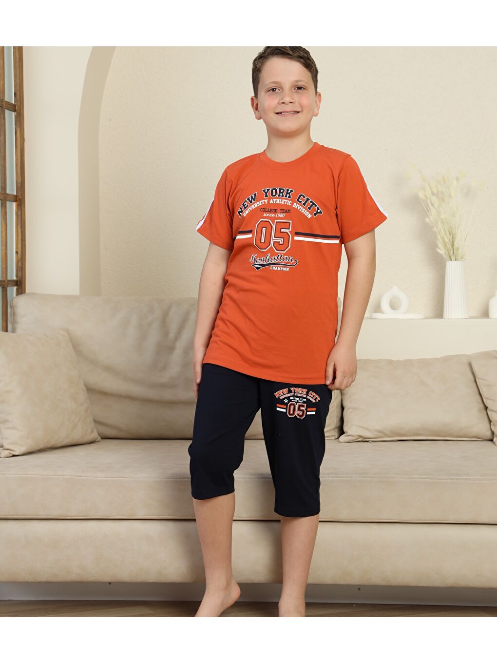 Kahverengi Erkek Çocuk %100 Doğal Pamuk Kısa Kollu  Kaprili Pijama Takımı-1