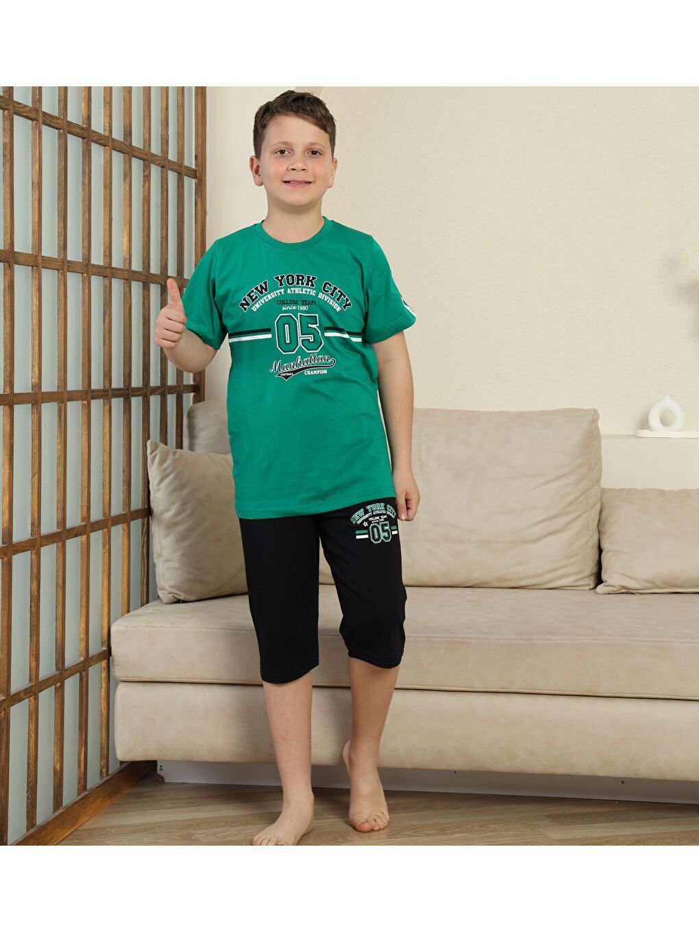 Yeşil Erkek Çocuk %100 Doğal Pamuk Kısa Kollu  Kaprili Pijama Takımı-3