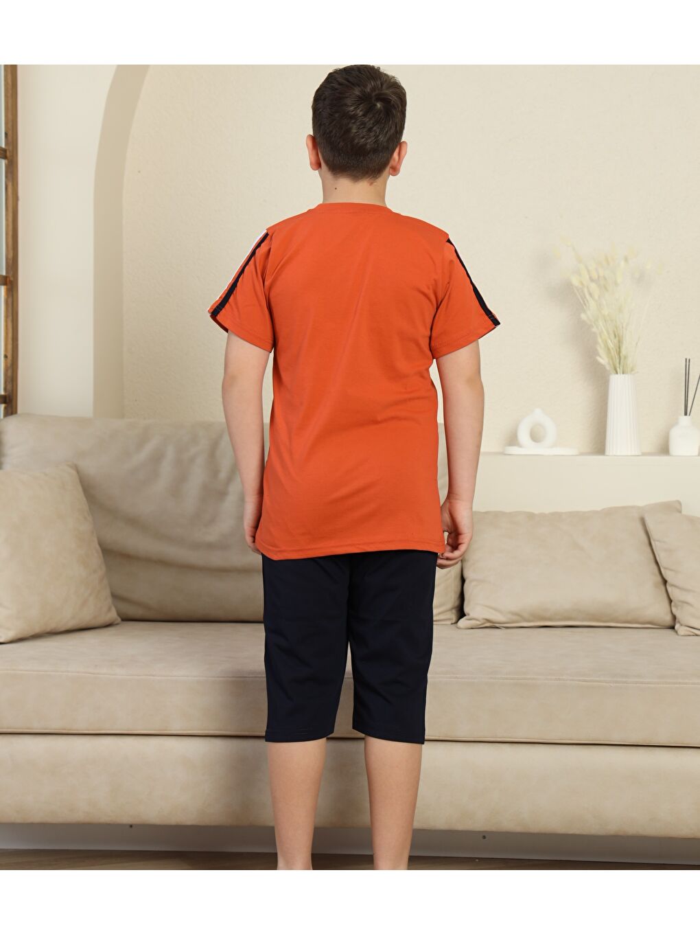 Kahverengi Erkek Çocuk %100 Doğal Pamuk Kısa Kollu  Kaprili Pijama Takımı-2