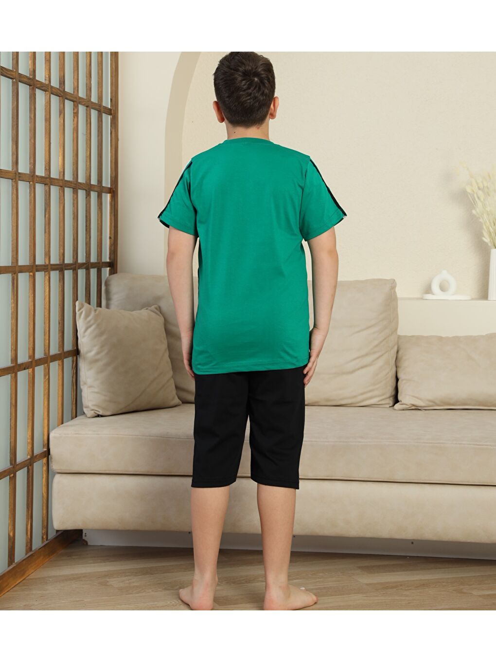Yeşil Erkek Çocuk %100 Doğal Pamuk Kısa Kollu  Kaprili Pijama Takımı-4