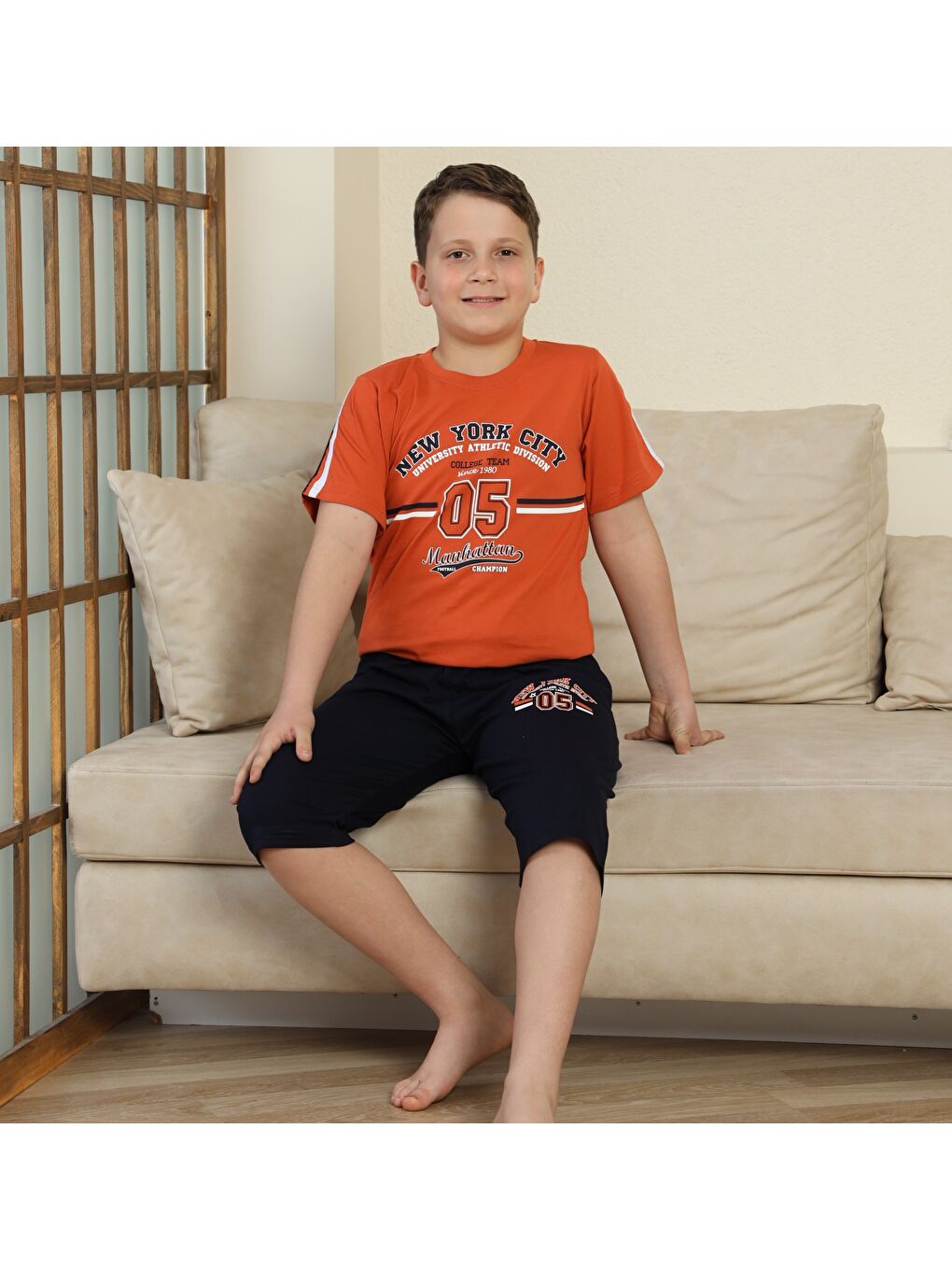 Kahverengi Erkek Çocuk %100 Doğal Pamuk Kısa Kollu  Kaprili Pijama Takımı-4