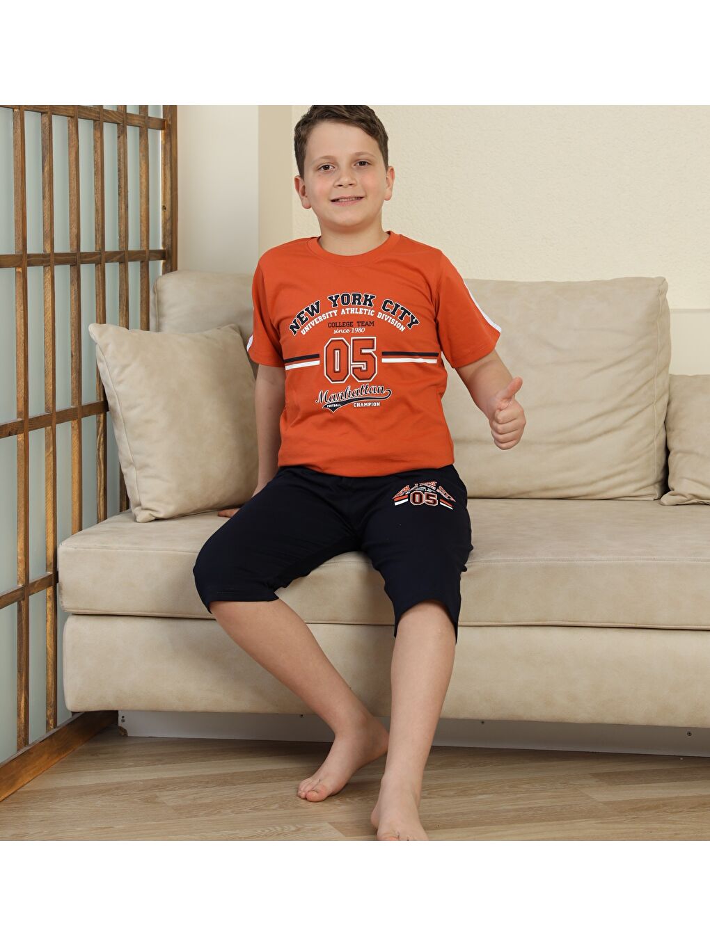 Kahverengi Erkek Çocuk %100 Doğal Pamuk Kısa Kollu  Kaprili Pijama Takımı-5