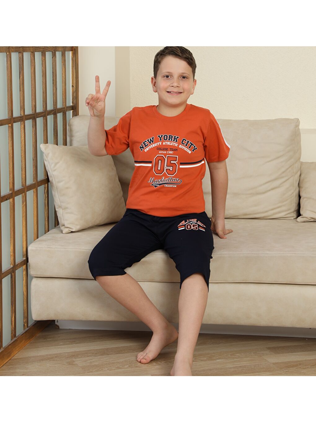 Kahverengi Erkek Çocuk %100 Doğal Pamuk Kısa Kollu  Kaprili Pijama Takımı-6