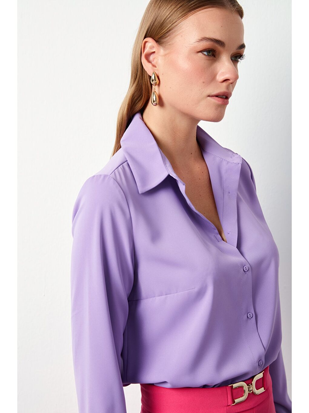 SATEEN Düz Klasik Gömlek - Lila - 2