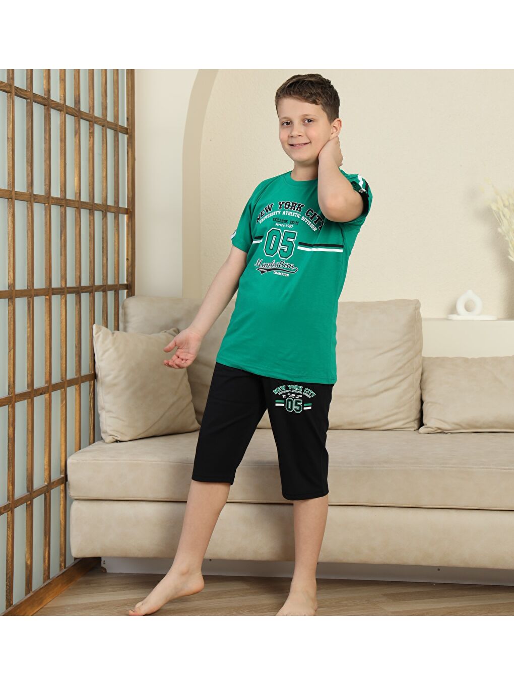 Yeşil Erkek Çocuk %100 Doğal Pamuk Kısa Kollu  Kaprili Pijama Takımı-5