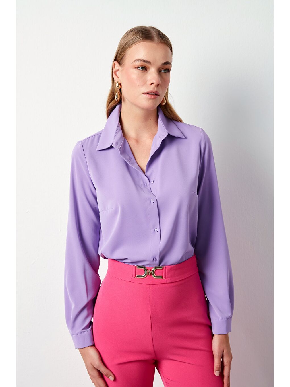 SATEEN Düz Klasik Gömlek - Lila - 4