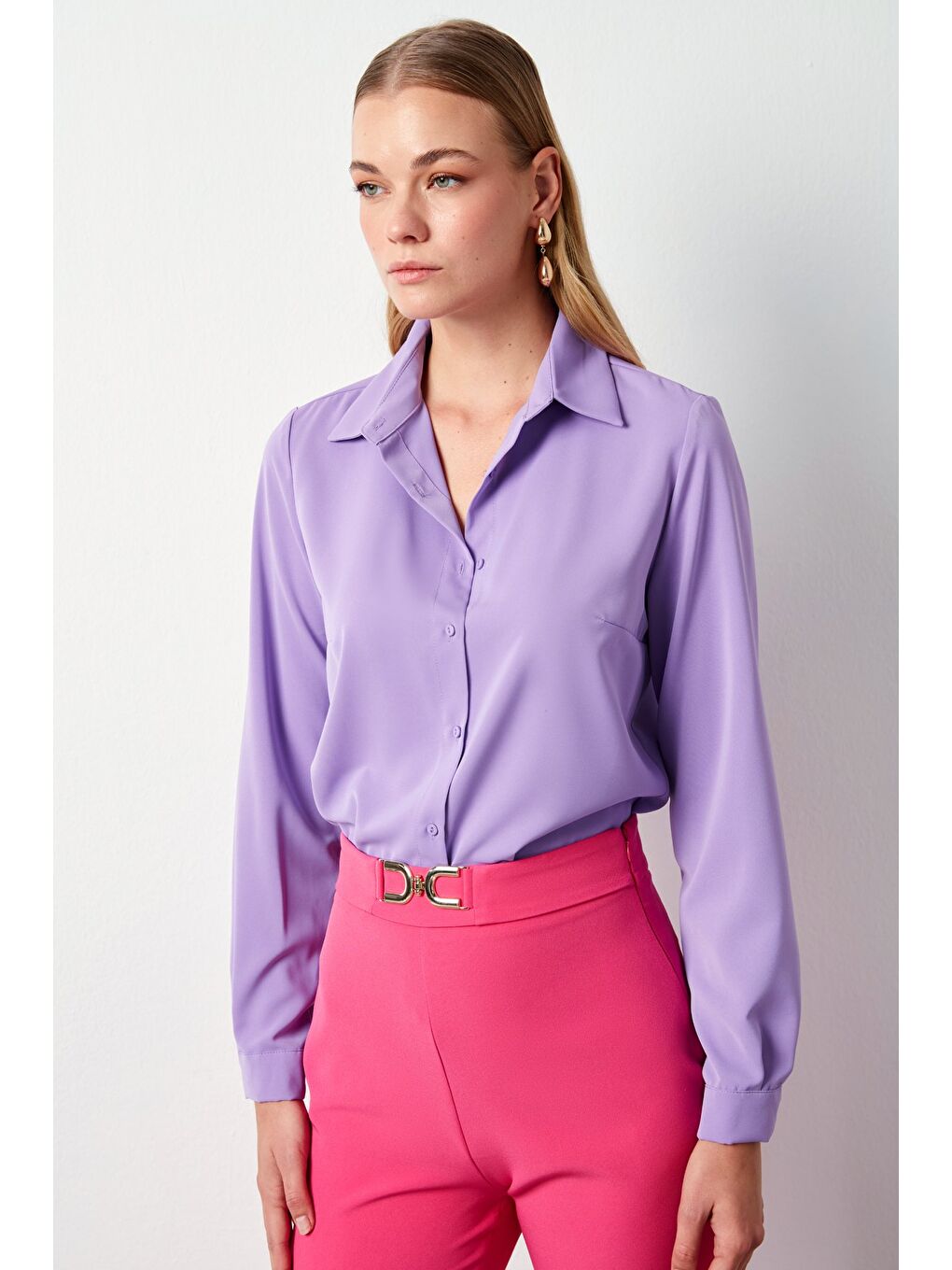 SATEEN Düz Klasik Gömlek - Lila - 5