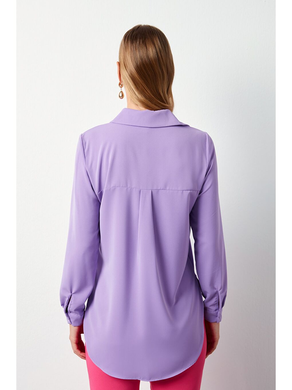 SATEEN Düz Klasik Gömlek - Lila - 7