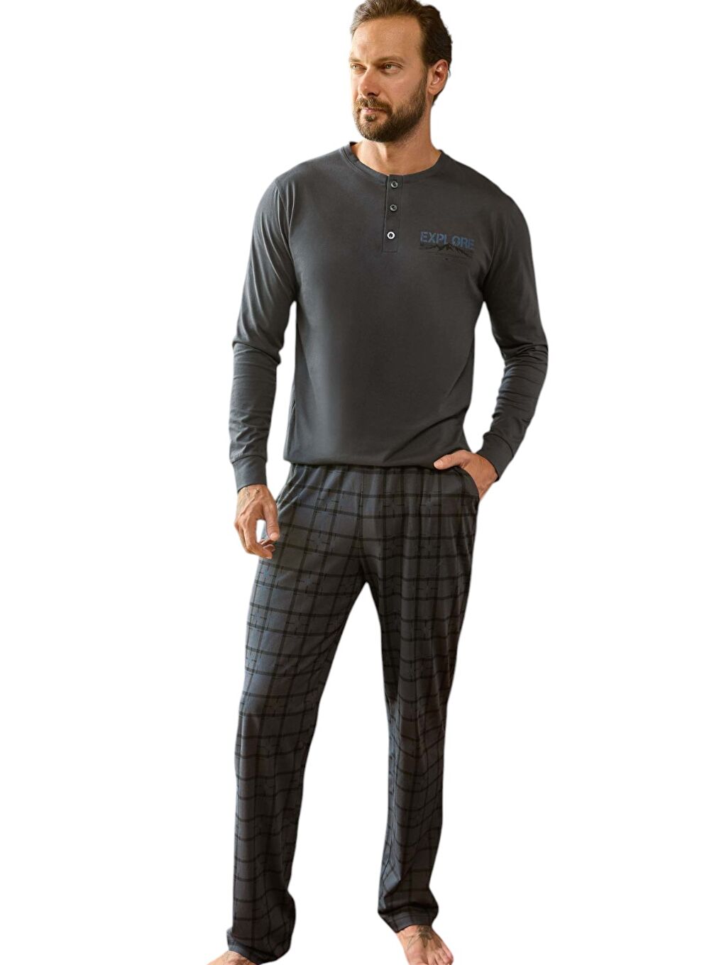 Gri Erkek Penye Uzun Kol Pijama Takım