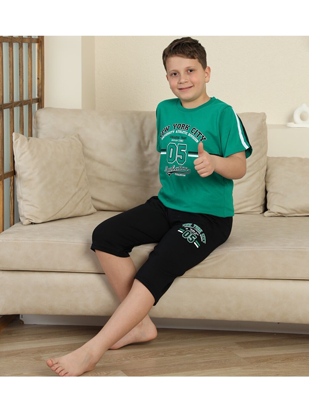 Yeşil Erkek Çocuk %100 Doğal Pamuk Kısa Kollu  Kaprili Pijama Takımı-6