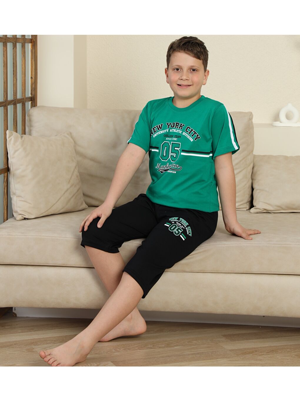 Yeşil Erkek Çocuk %100 Doğal Pamuk Kısa Kollu  Kaprili Pijama Takımı-7