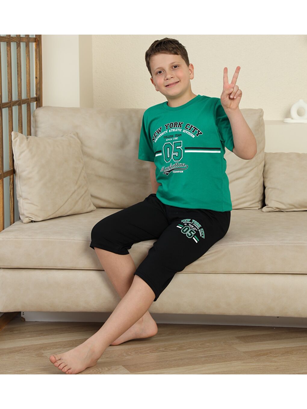 Yeşil Erkek Çocuk %100 Doğal Pamuk Kısa Kollu  Kaprili Pijama Takımı-8