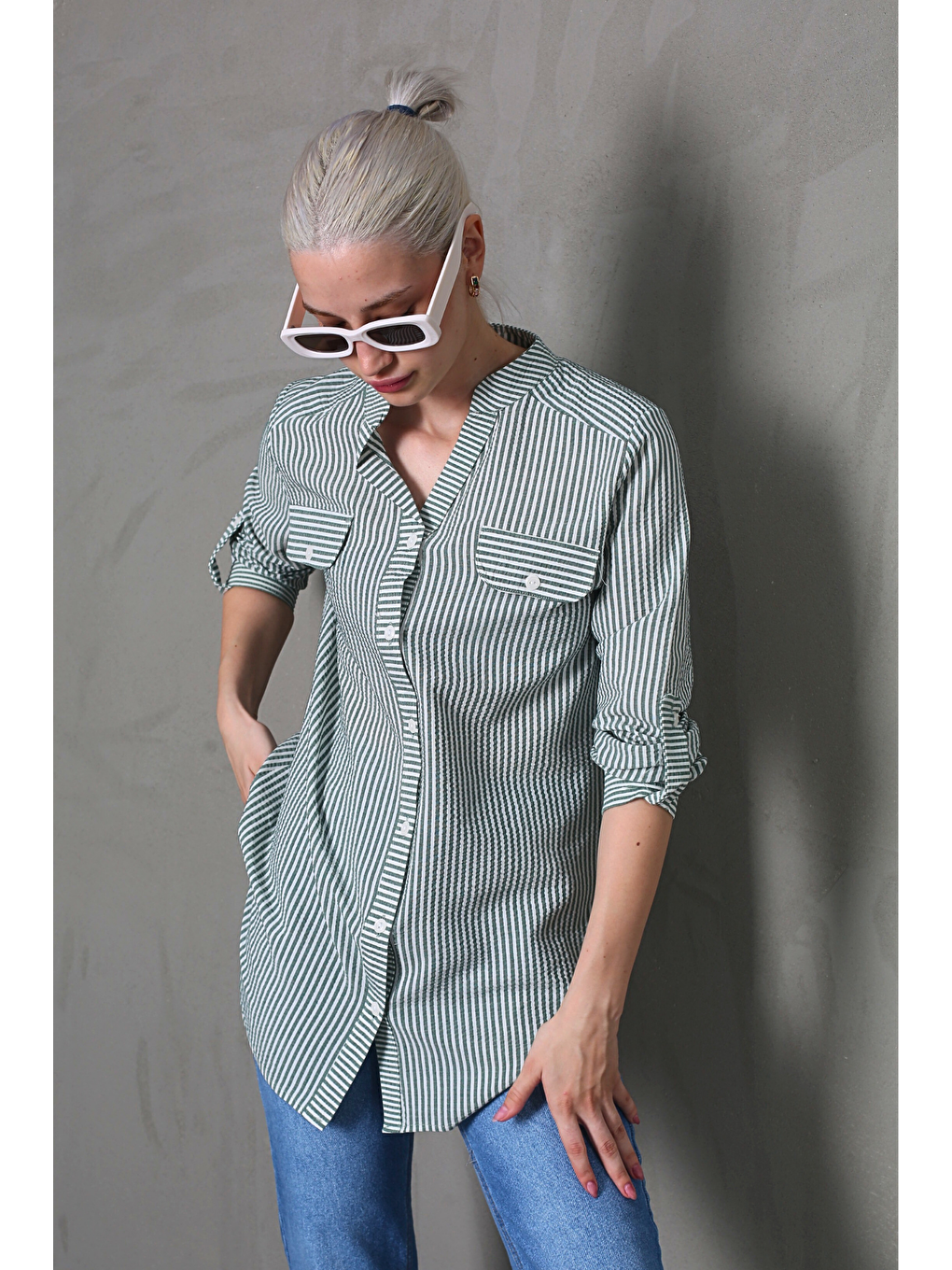 Yeşil Çizgili Gofre Kumaş Kadın Oversize Gömlek Mg1666-3