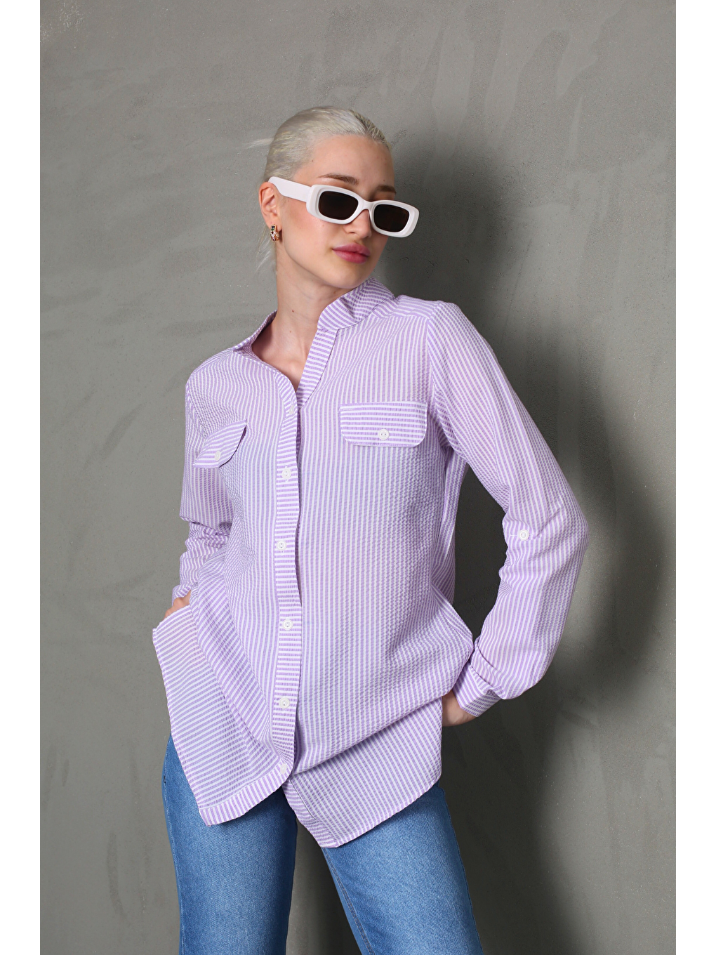 Mor Çizgili Gofre Kumaş Kadın Oversize Gömlek Mg1666-4