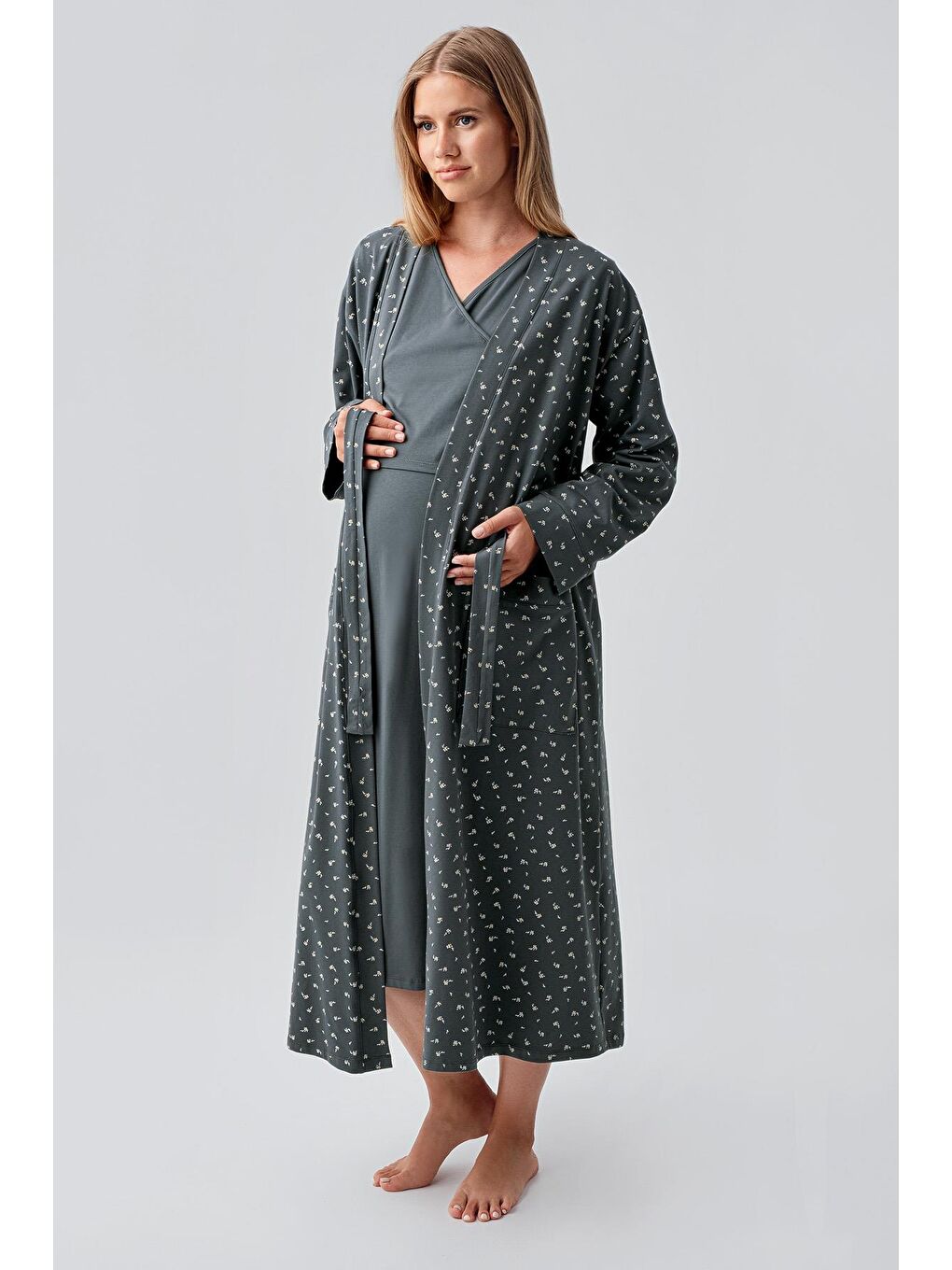 Yeşil Uzun Kollu Desenli Esnek Pamuklu Hamile Sabahlık Gecelik Takım 18401-1