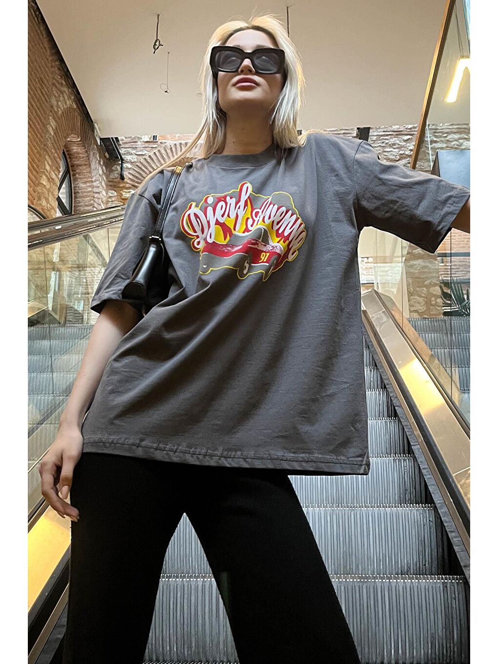 Gri Füme Baskılı Oversize Kadın Tişört Mg1836-1