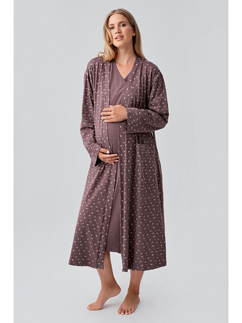 Kahverengi Uzun Kollu Desenli Esnek Pamuklu Hamile Sabahlık Gecelik Takım 18401-1