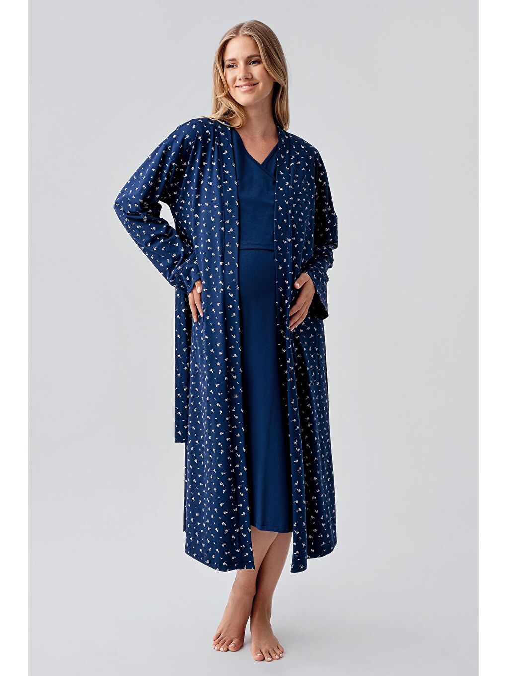 Lacivert Uzun Kollu Desenli Esnek Pamuklu Hamile Sabahlık Gecelik Takım 18401-1