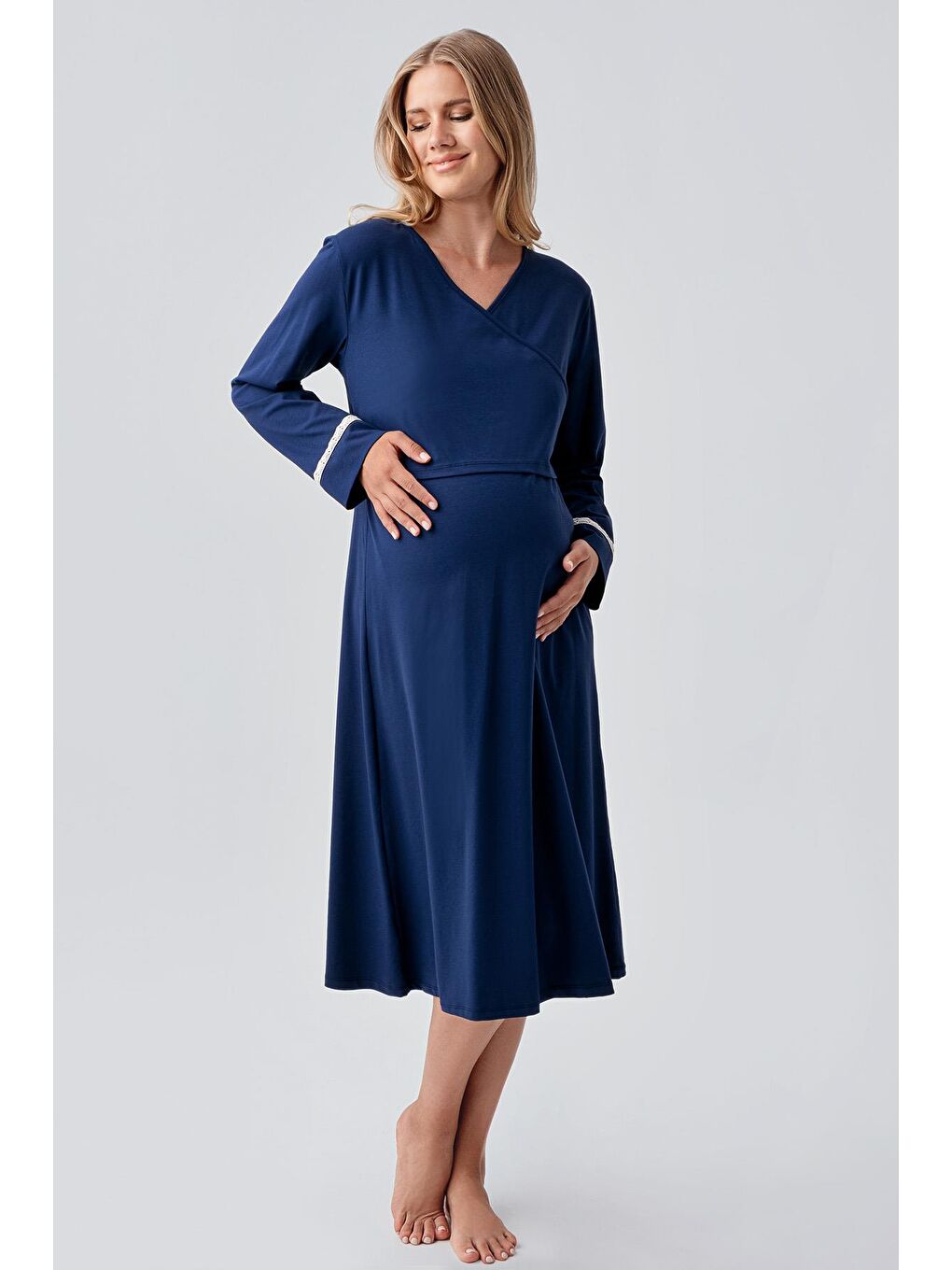 Lacivert Uzun Kollu Desenli Esnek Pamuklu Hamile Sabahlık Gecelik Takım 18401-3