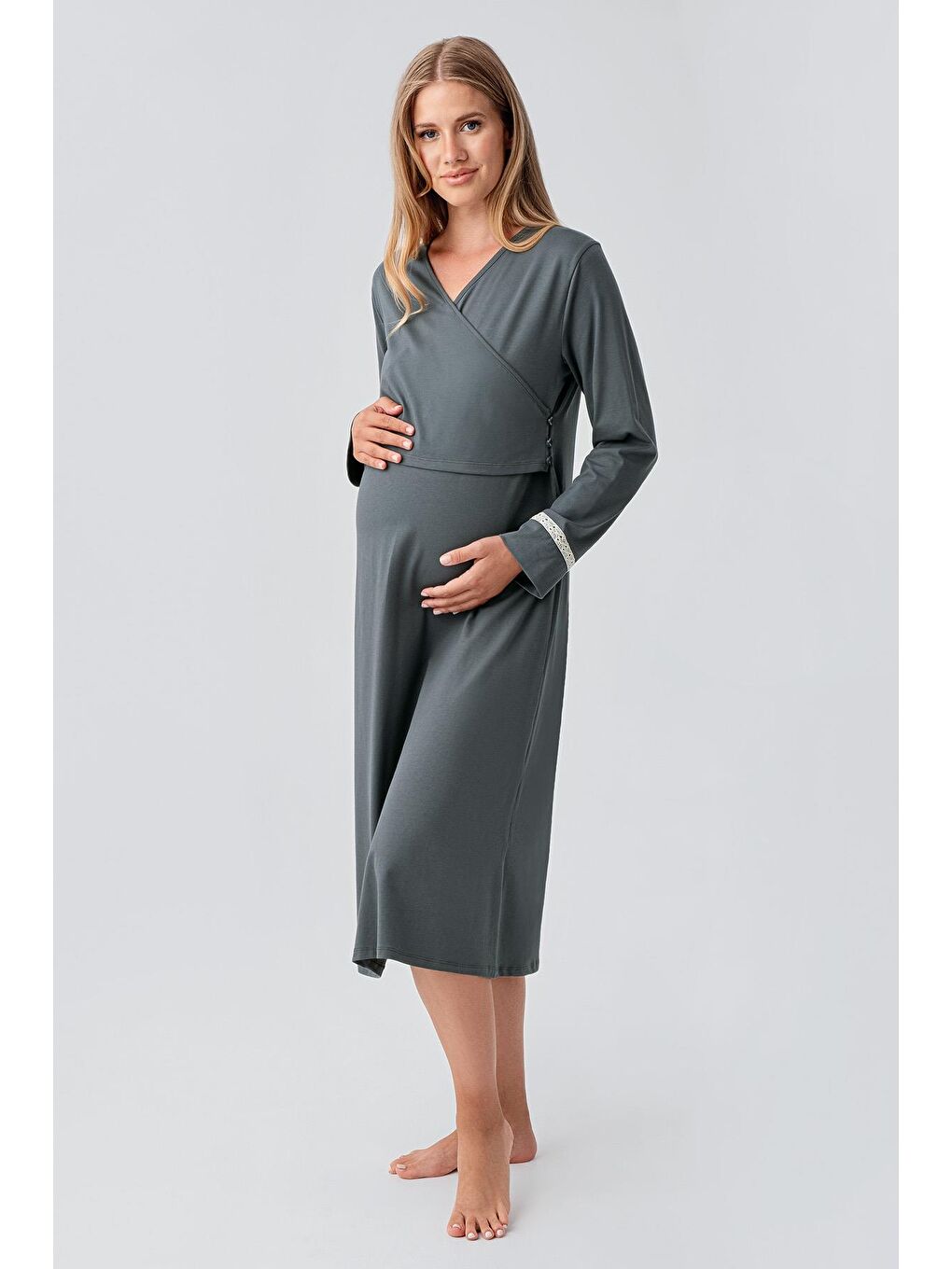 Yeşil Uzun Kollu Desenli Esnek Pamuklu Hamile Sabahlık Gecelik Takım 18401-3