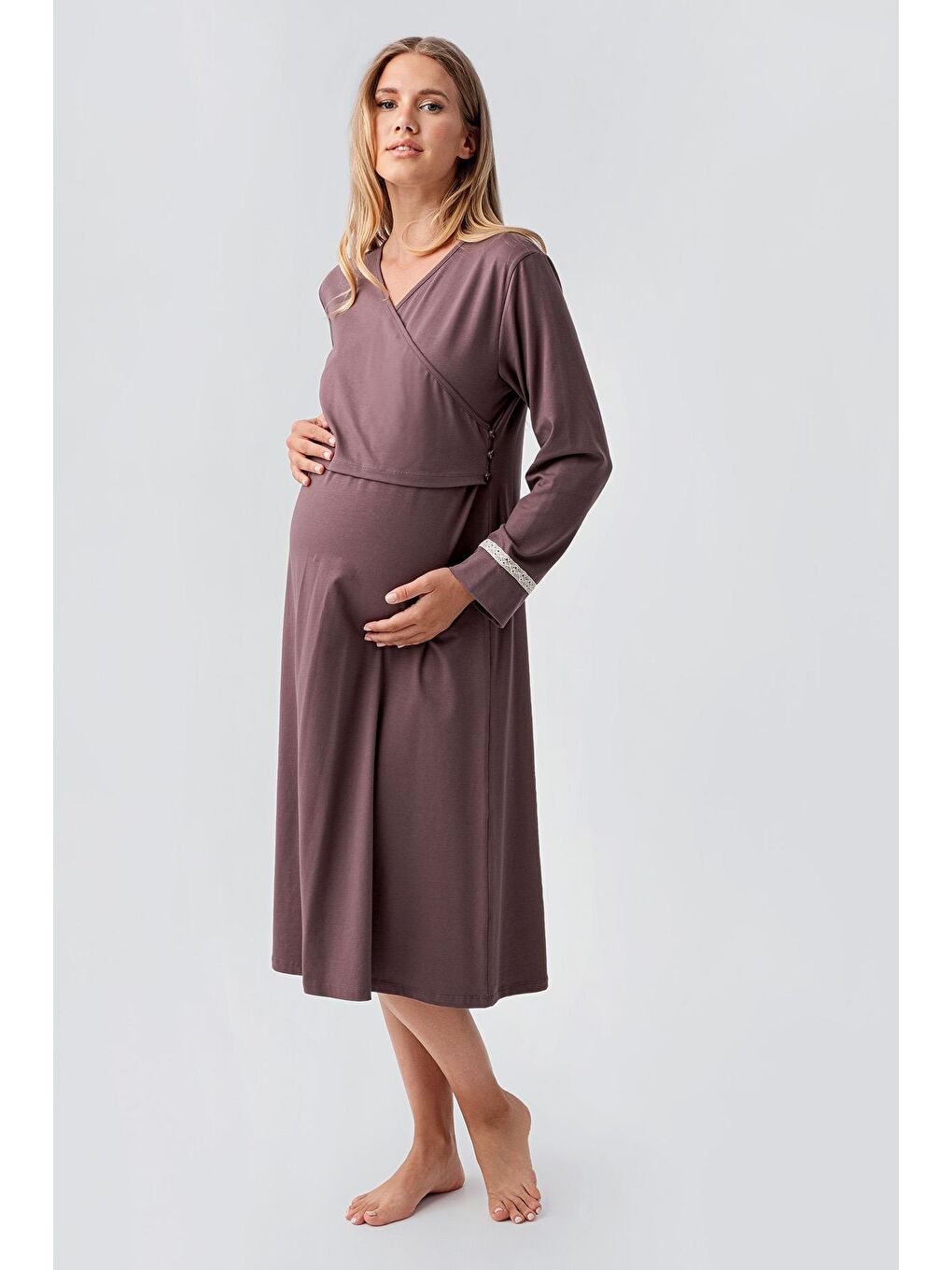 Kahverengi Uzun Kollu Desenli Esnek Pamuklu Hamile Sabahlık Gecelik Takım 18401-3