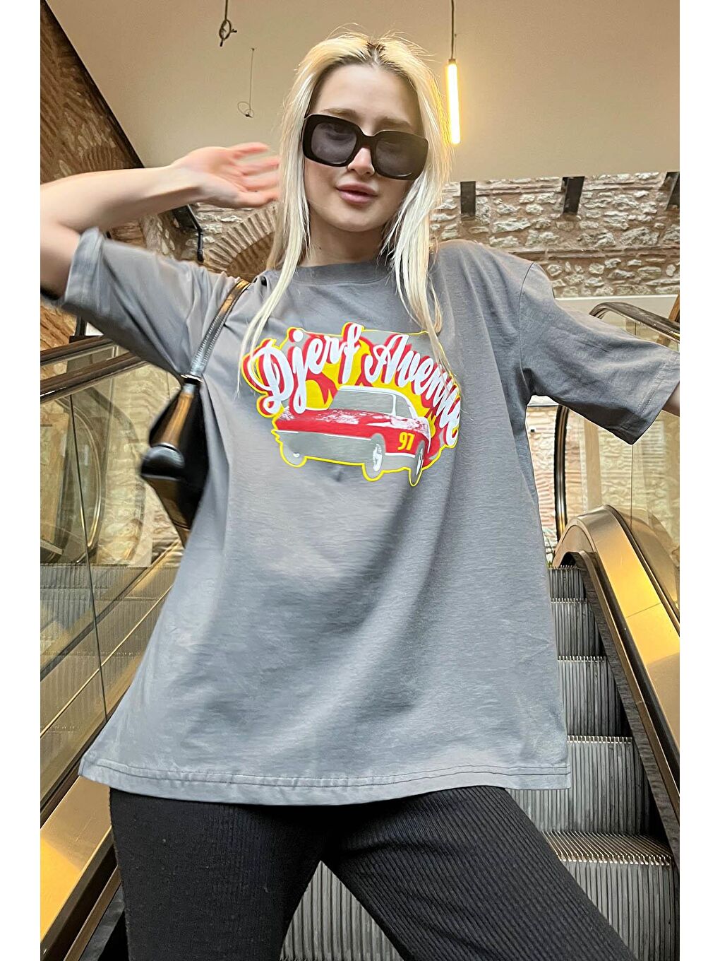 Gri Füme Baskılı Oversize Kadın Tişört Mg1836-3