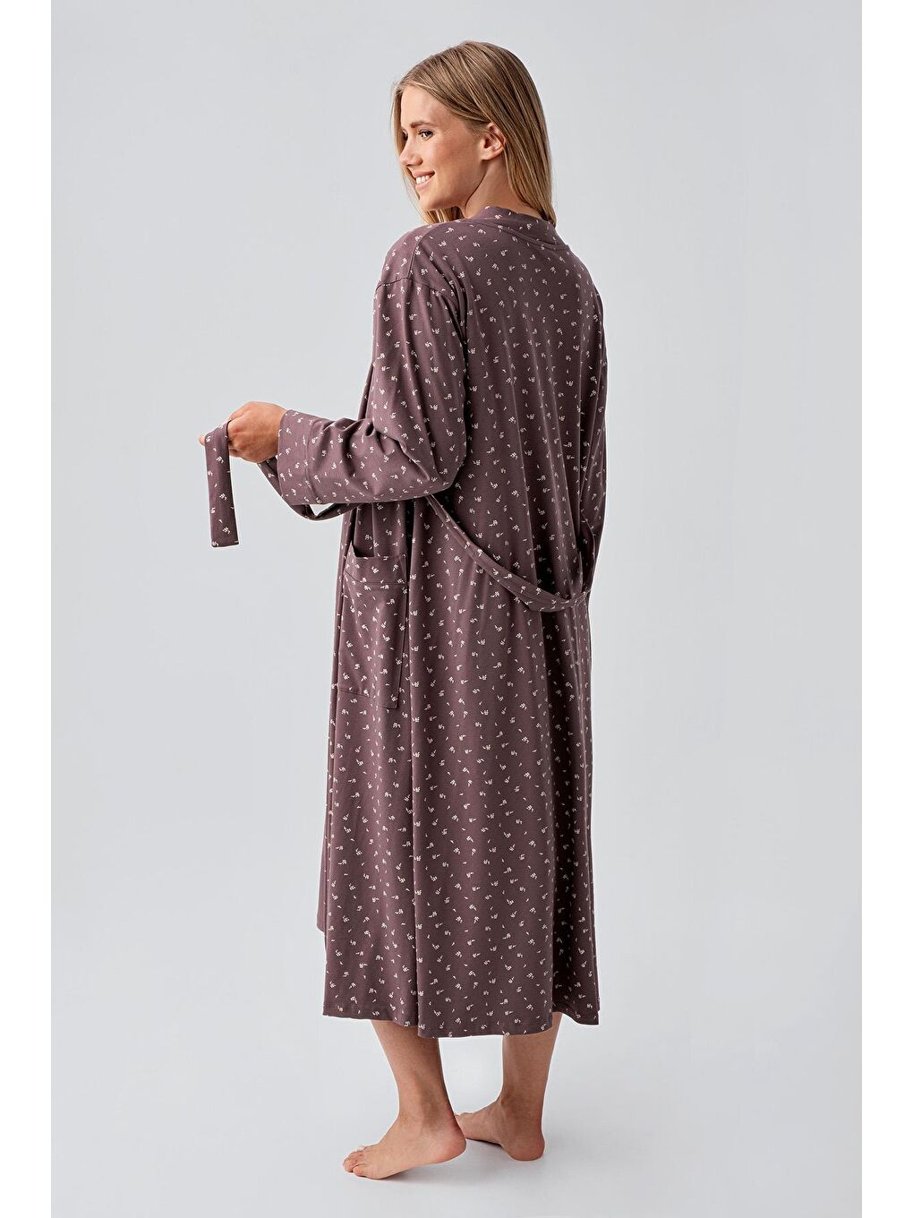 Kahverengi Uzun Kollu Desenli Esnek Pamuklu Hamile Sabahlık Gecelik Takım 18401-4