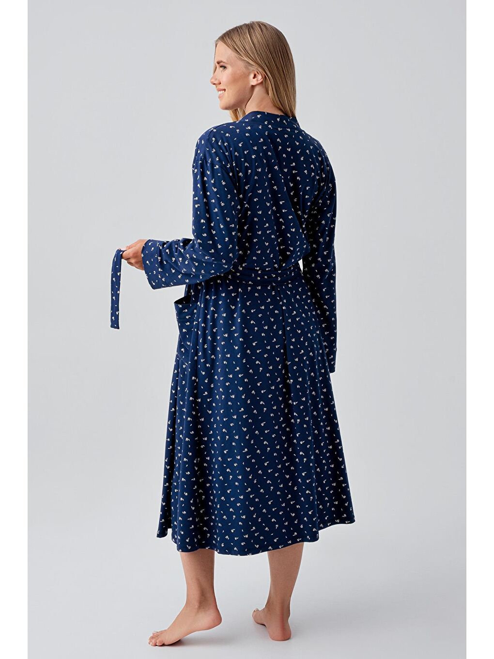 Lacivert Uzun Kollu Desenli Esnek Pamuklu Hamile Sabahlık Gecelik Takım 18401-4