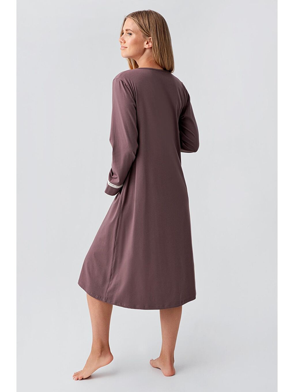 Kahverengi Uzun Kollu Desenli Esnek Pamuklu Hamile Sabahlık Gecelik Takım 18401-5