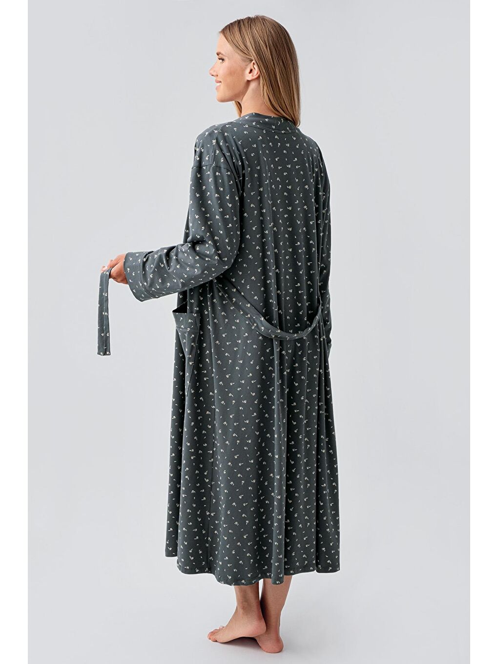 Yeşil Uzun Kollu Desenli Esnek Pamuklu Hamile Sabahlık Gecelik Takım 18401-4