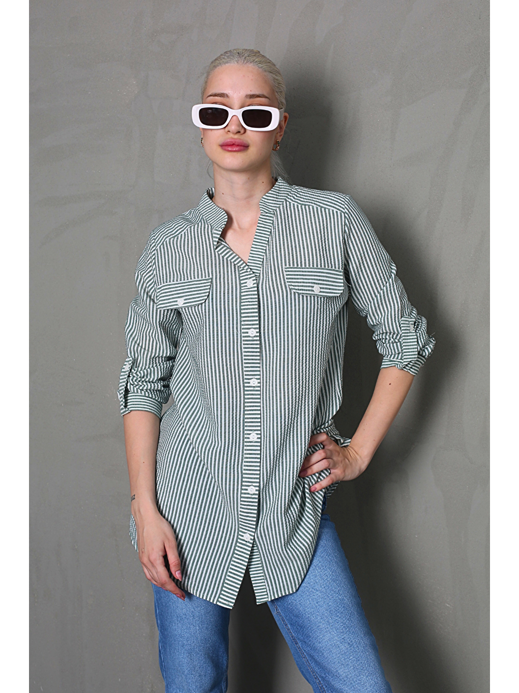 Yeşil Çizgili Gofre Kumaş Kadın Oversize Gömlek Mg1666-4