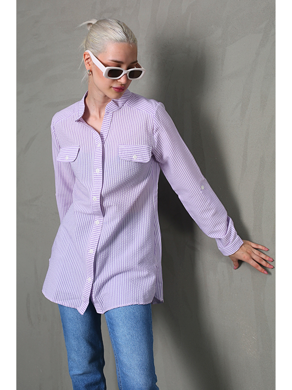 Mor Çizgili Gofre Kumaş Kadın Oversize Gömlek Mg1666-5