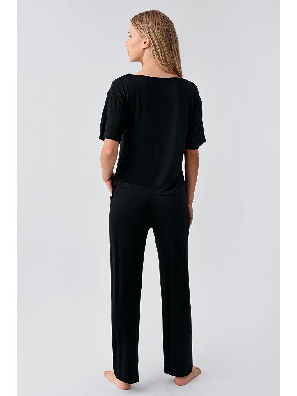 Siyah Kısa Kollu Esnek Viskoz Pijama Takım 18215-1