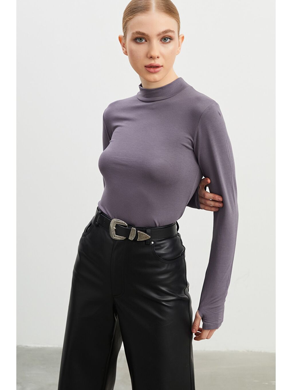 Kadın Gri Krem Parmak Detaylı 2'li Body-3