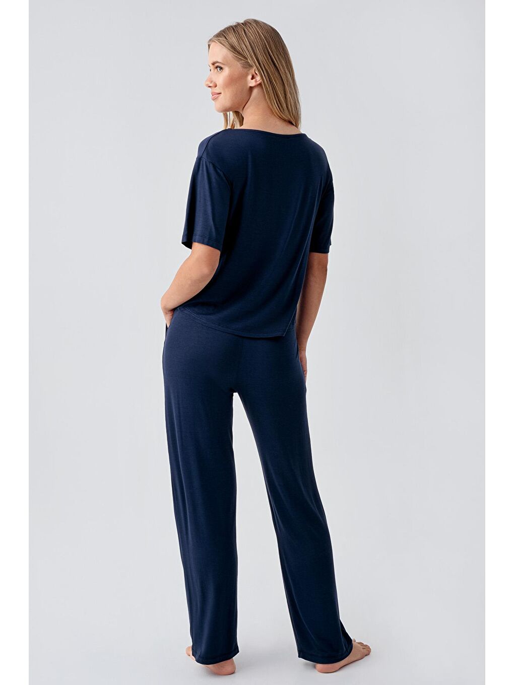 Lacivert Kısa Kollu Esnek Viskoz Pijama Takım 18215-2