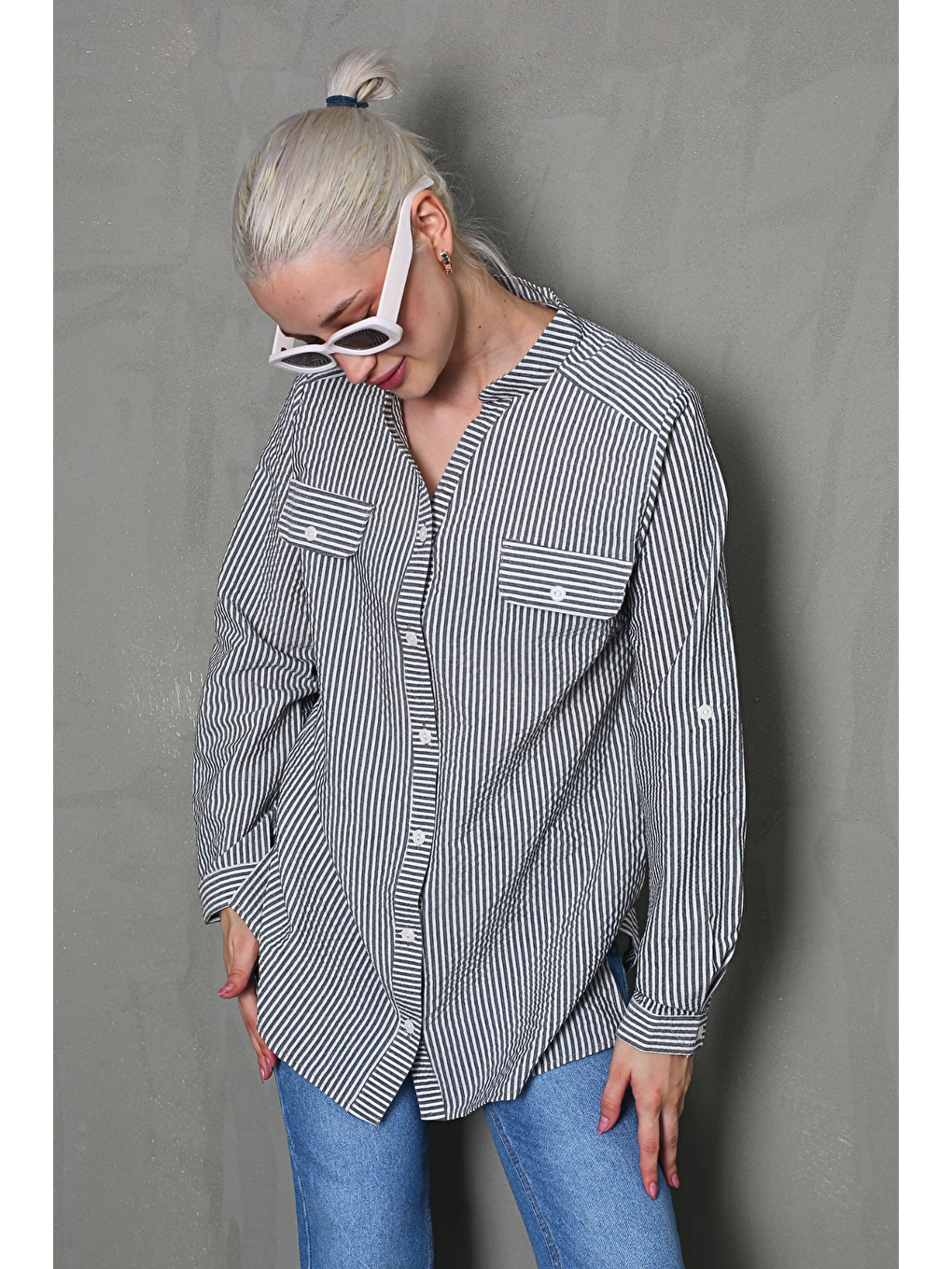 Siyah Çizgili Gofre Kumaş Kadın Oversize Gömlek Mg1666-3