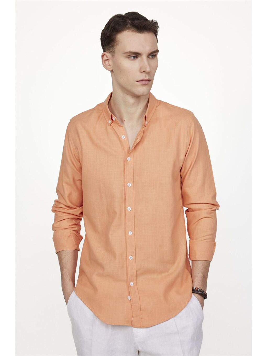 Tudors Slim Fit Uzun Kol Biyeli Yaka Düğmeli Keten Erkek Turuncu Gömlek-1