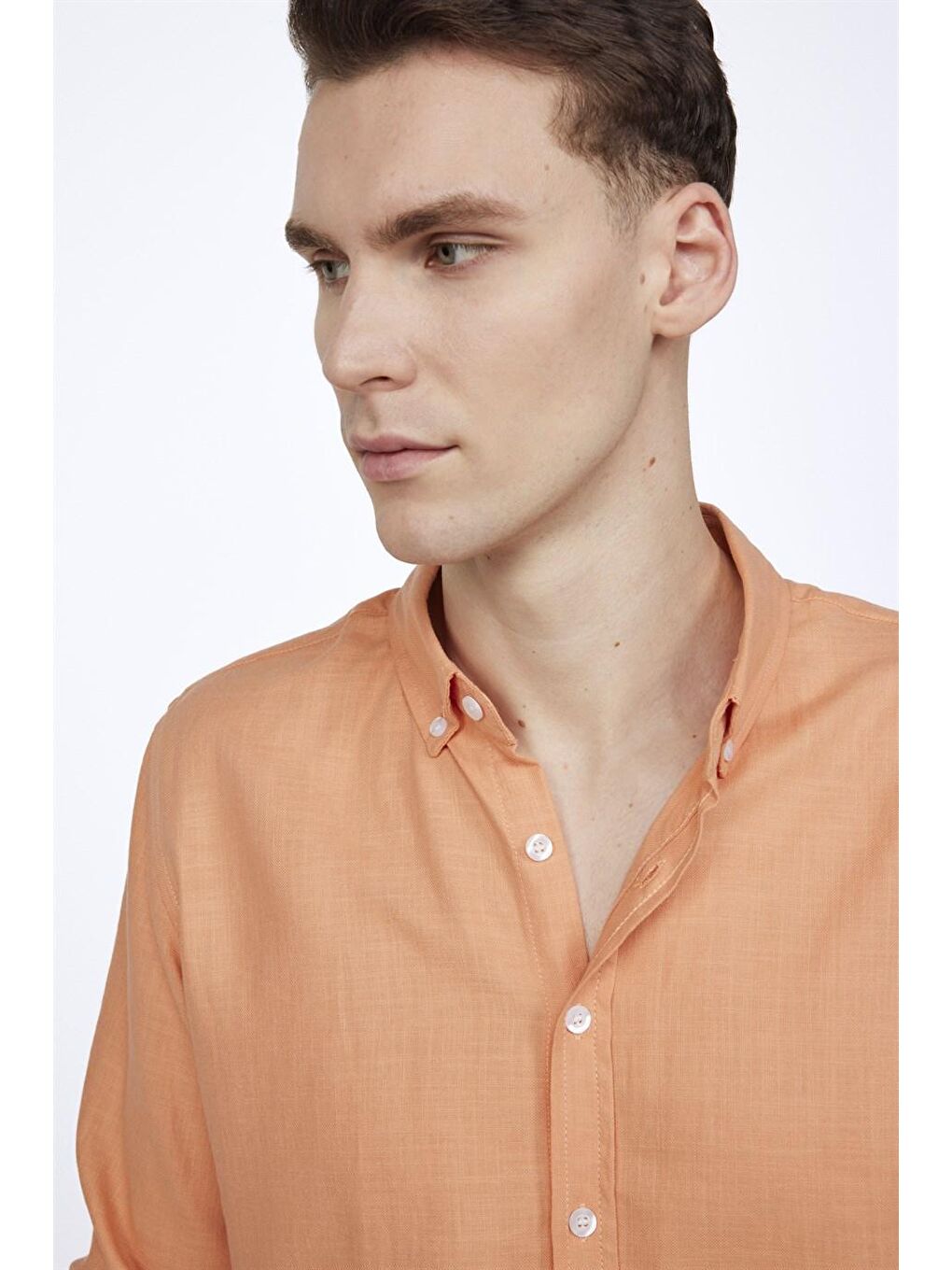Tudors Slim Fit Uzun Kol Biyeli Yaka Düğmeli Keten Erkek Turuncu Gömlek-2