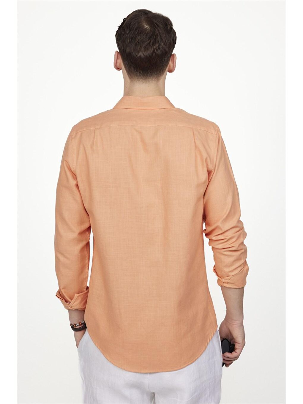 Tudors Slim Fit Uzun Kol Biyeli Yaka Düğmeli Keten Erkek Turuncu Gömlek-3