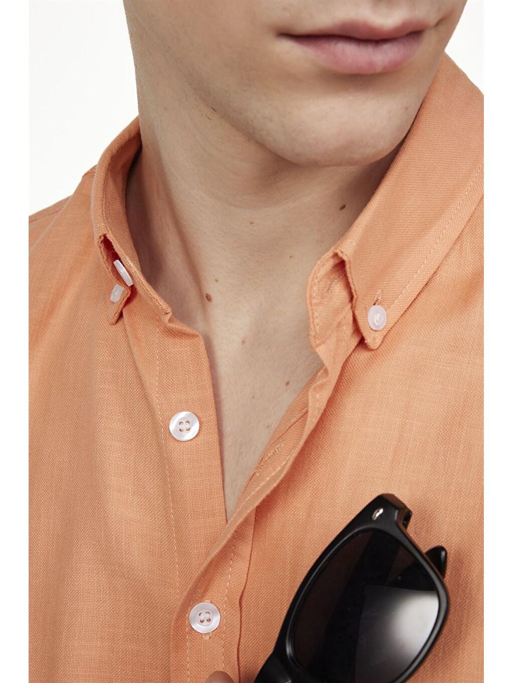 Tudors Slim Fit Uzun Kol Biyeli Yaka Düğmeli Keten Erkek Turuncu Gömlek-4