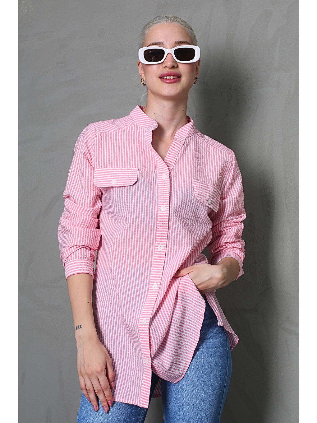 Pembe Çizgili Gofre Kumaş Kadın Oversize Gömlek Mg1666-5